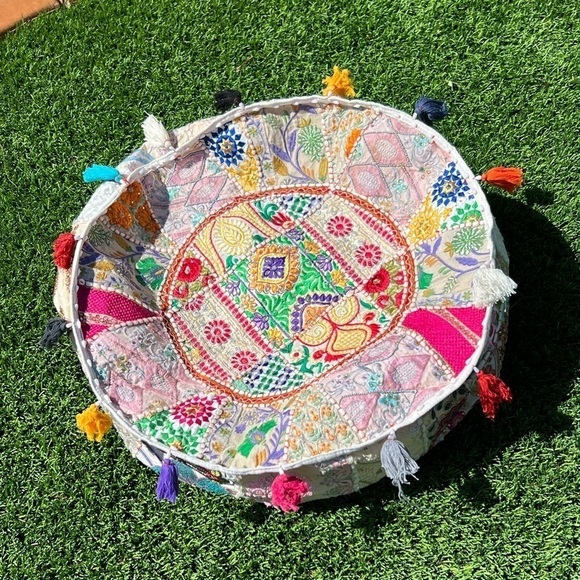 EMBROIDERED BOHO POOF w/Tassels, Cover Only - Picture 1 of 2